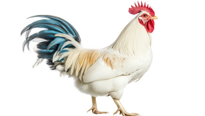 Fototapeta premium A majestic white rooster with striking blue and green feathers on its tail stands proudly against a white background. its colors and detailed plumage