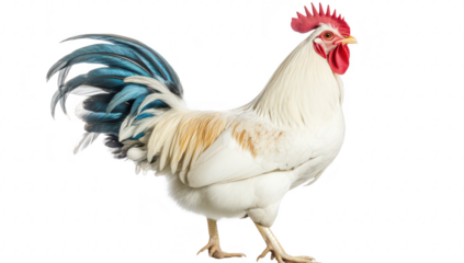 A majestic white rooster with striking blue and green feathers on its tail stands proudly against a white background. its colors and detailed plumage