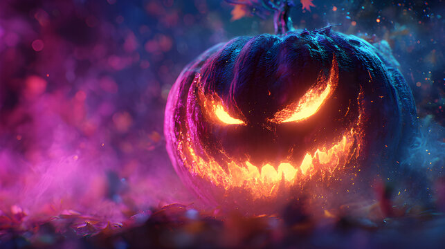 A creepy jack-o'-lantern glowing in neon colors, with sharply carved teeth, fiery eyes, autumn leaves, and magical sparkles. A spooky of Halloween atmosphere.