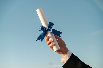 Student holding rolled diploma with ribbon on light blue background, closeup