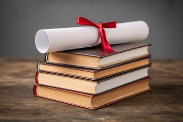Brown books and diploma with red ribbon isolated on grey