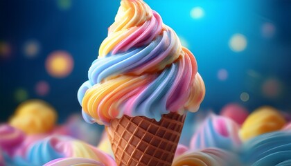 Delicious Swirl Ice Cream Cone Fantasy Land Food Art Bright Colors Close Up Whimsical Dessert