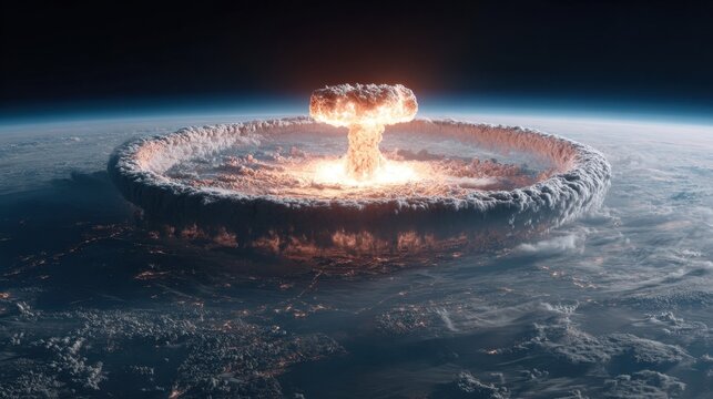 A mushroom cloud explosion erupts above the earth's atmosphere illuminating clouds and city lights below - Powered by Adobe