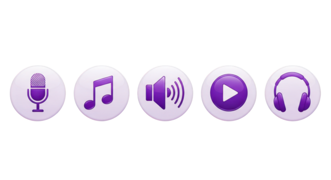 Purple music and audio icons on white circles isolated on a transparent background microphone