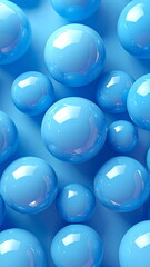 A 3d rendered abstract background with glossy blue spheres of various sizes placed on a smooth pastel blue surface, soft lighting and minimal design concept