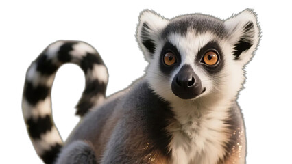 A cute ring-tailed lemur, an animal from Madagascar, with black and white fur stares wild-eyed at the camera