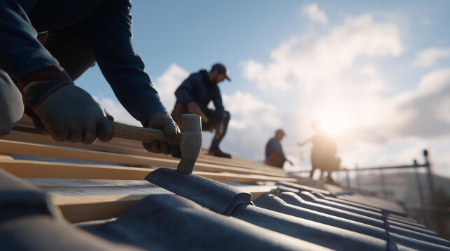 A team installs roofing tiles on a house with hammers tapping tiles aligning a ladder leaning and a sunny sky above presented in a detailed photo with tile textures hammer