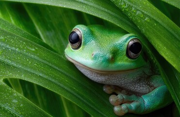 close-up of a green tree frog peeking behind a large leaf in the tropical rainforest of south america