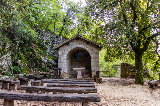 The Sanctuary of Eremo delle Carceri in Assisi,, Italy. Located 791 metres (2,595 ft) above sea level in a steep forest gorge upon Monte Subasio, Shot 11 September 2025..