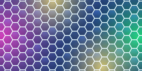Colorful abstract hexagonal grid with gradient shades of purple, blue, green, and yellow. Modern geometric pattern for technology, digital design, and futuristic backgrounds.