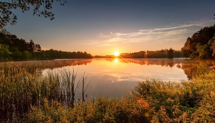 Fototapeta premium Peaceful Sunrise Over Tranquil Lake