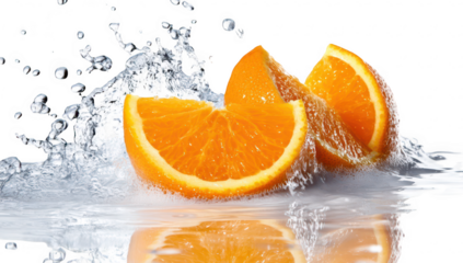 Fresh orange slices splashing into clear water. creating dynamic droplets and waves. set against a bright white background. ideal for food photography or beverage advertisements