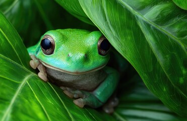 close-up of a green tree frog peeking out from behind a large leaf in the tropical rainforest of the amazon jungle.