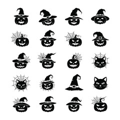 Silhouette of Halloween Icons: Spooky pumpkins, hats, and spiders embody the essence of Halloween, captured in a minimalist design of black silhouette.