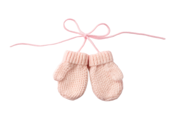 Pair of baby mittens tied with pink ribbon isolated on white background