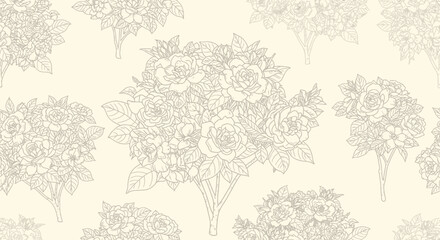 Repeated rose bush line drawing, on cream