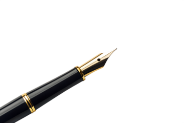 Close-up of a high-quality fountain pen with a gold nib, symbolizing writing, education, and professional correspondence on a white background