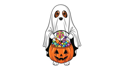 Halloween Ghost with Treats: A charming ghost, embodying the spooky spirit, joyfully holds a pumpkin basket overflowing with colorful candies, perfect for Halloween night.