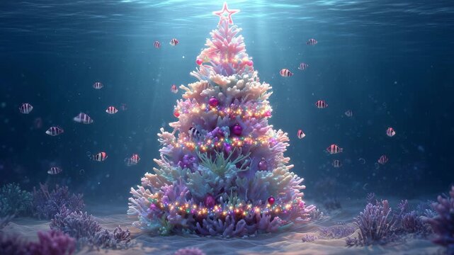 A beautifully decorated Christmas tree sits on the ocean floor, surrounded by colorful fish and vibrant coral in a winter wonderland