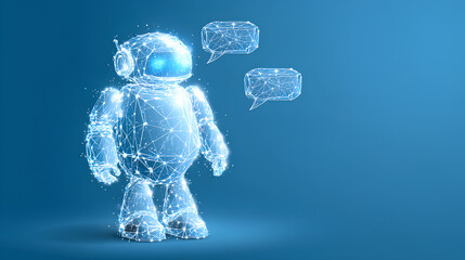 Hologram of AI Robot or Chatbot with Speech Bubbles on Technology Blue Background. AI Chat Bot Mascot. Low Poly Wireframe Tech Bg. Support Assistant Virtual Character. Digital Vector Illustration.