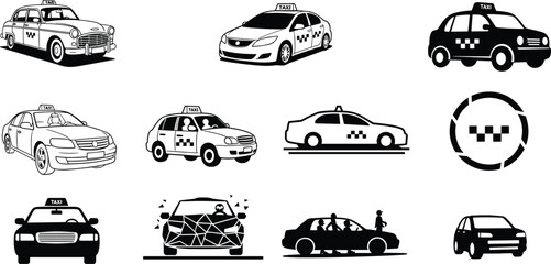 Taxi car icon set, black and white illustrations, vintage and modern styles, checkered pattern, transport symbols, urban travel design elements © Akash's World