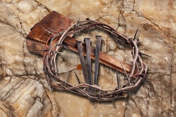 Wooden Crown on wooden cross with metal nails