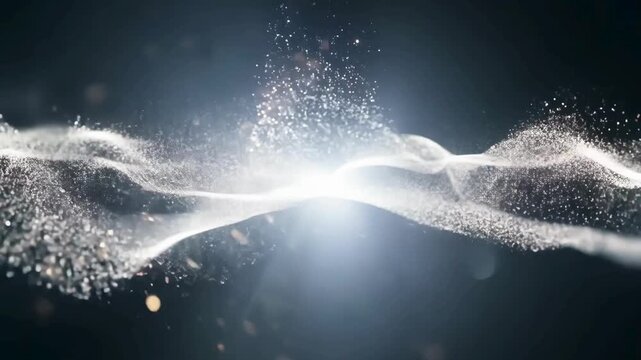 A visually captivating abstract video of white and silver particles flowing in an undulating wave-like form, creating a high-tech and futuristic backdrop