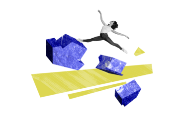 Composite trend artwork 3D sketch image photo collage of red backdrop miniature young lady ballerina jump piece stone flag achieve goal