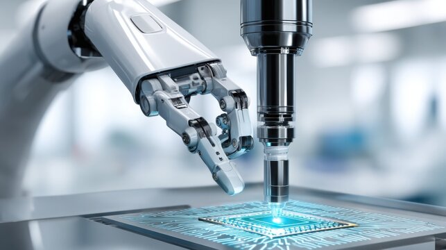 robotic arm assembling microchips in modern lab, high tech futuristic atmosphere, minimalistic composition