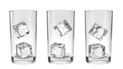 A visually striking arrangement of three clear glasses filled with ice cubes. a refreshing drink concept. set against a clean white background for a modern aesthetic