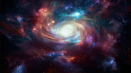 Cosmic voyage scene with swirling galaxies and dark matter, glowing stars for fantastic backgrounds. Ideal for online and print media.