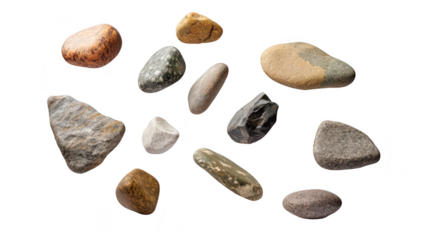 A collection of various textured stones in mid-air against a clean white background. their unique colors and shapes. ideal for nature-themed projects and educational materials