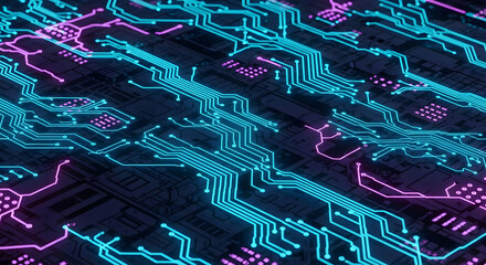 Abstract close-up of a circuit board with glowing blue and pink pathways, representing technology and connectivity.