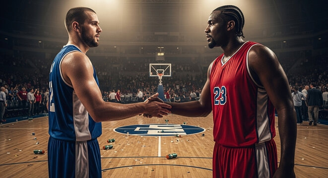 Two diverse basketball players shake hands post-game on a confetti-strewn court, symbolizing sportsmanship and respect amidst roaring crowd. - Powered by Adobe