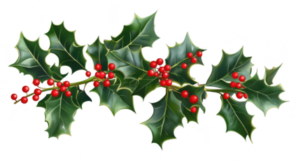 A arrangement of holly leaves and bright red berries. symbolizing winter festivities. set against a clean white background. perfect for seasonal decorations or greeting cards