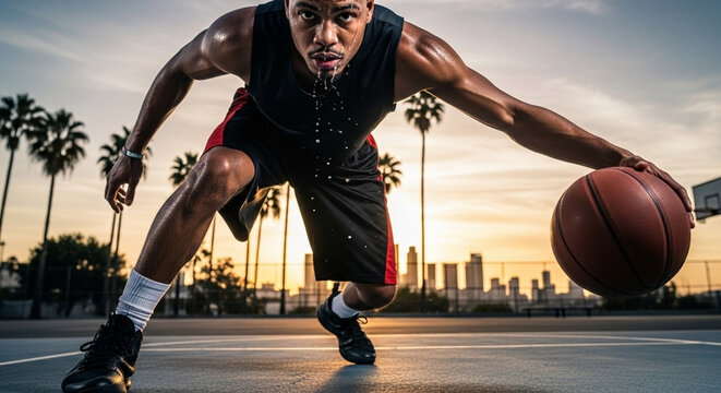 Intense basketball player dribbling with focus and determination at sunset on outdoor court near city skyline, embodying strength and passion for sports - Powered by Adobe