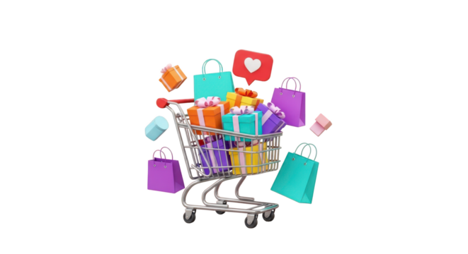 Shopping cart filled with colorful gifts and bags isolated on a transparent background present