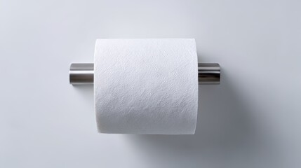 Obraz premium A roll of white toilet paper on a silver holder against a plain background. The scene is minimalistic and clean, emphasizing hygiene and bathroom essentials.