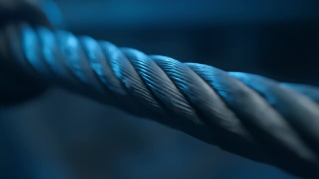 Dynamic close-up of twisting steel cable in blue light