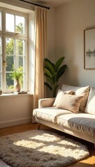 Fototapeta premium A cozy, sunlit room with comfortable furniture and soft textures, creating a feeling of warmth and serenity Perfect for representing comfort, relaxation, and home , stillness, home, refuge