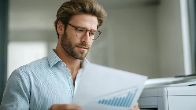 male accountant comparing monthly revenue sheets upward arrow sticker on top faint rustle of paper quiet printer hum planning and control three quarter wide angle cinematic color