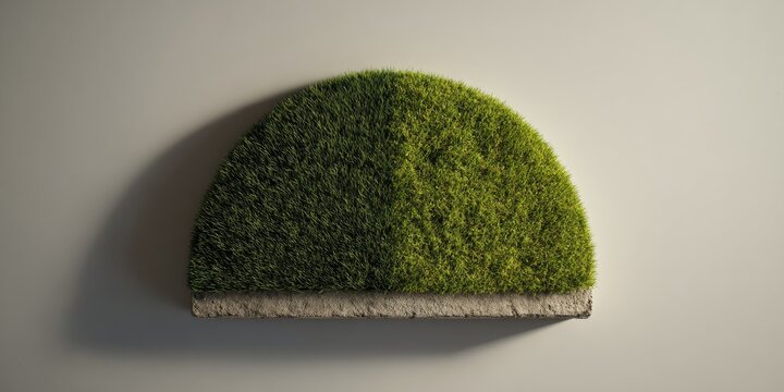 A close-up of a half-circle of grass with a concrete base against a pale gray background