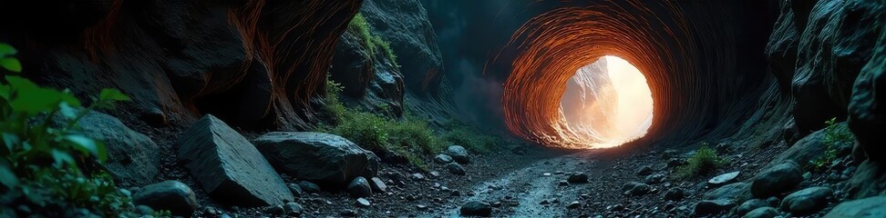 Naklejka premium A dark, damp tunnel collapses, revealing unstable rocks and potential hazards The scene evokes feelings of danger and uncertainty within the confined space , ruin, treacherous