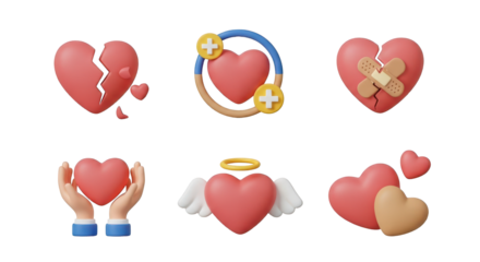 Six 3D heart icons with different medical and emotional themes isolated on a transparent background