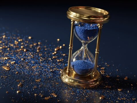 A close-up of an hourglass with a gold frame and blue sand, against a dark blue backdrop