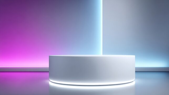 Sleek white podium with glowing neon rim light, futuristic gradient background, high tech vibe