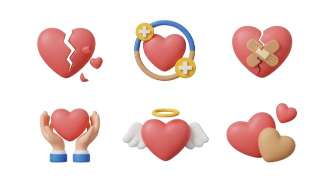 Six 3D heart icons with different medical and emotional themes isolated on a transparent background