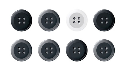 A collection of various buttons in black. gray. and white arranged in a grid pattern on a light background. their unique shapes and colors for fashion and design use