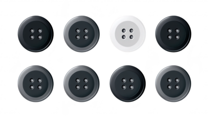 A collection of various buttons in black. gray. and white arranged in a grid pattern on a light background. their unique shapes and colors for fashion and design use