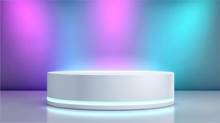Sleek white podium with glowing neon rim light, futuristic gradient background, high tech vibe